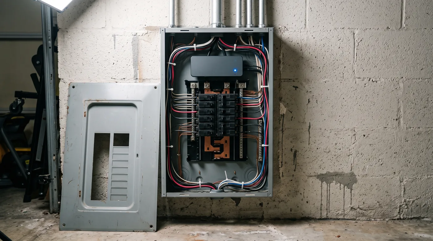 An open residential electrical panel with neat breakers, copper busbar and a load management module