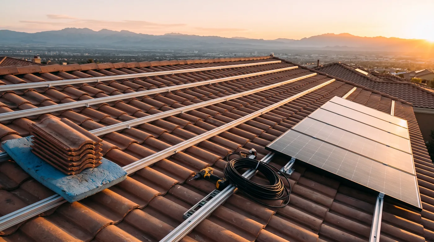 A tile roof partway through a solar installation at sunrise, rails set and the first panels in place