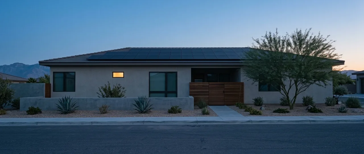 The same Las Vegas home before sunrise, one window lit, the solar panels dark