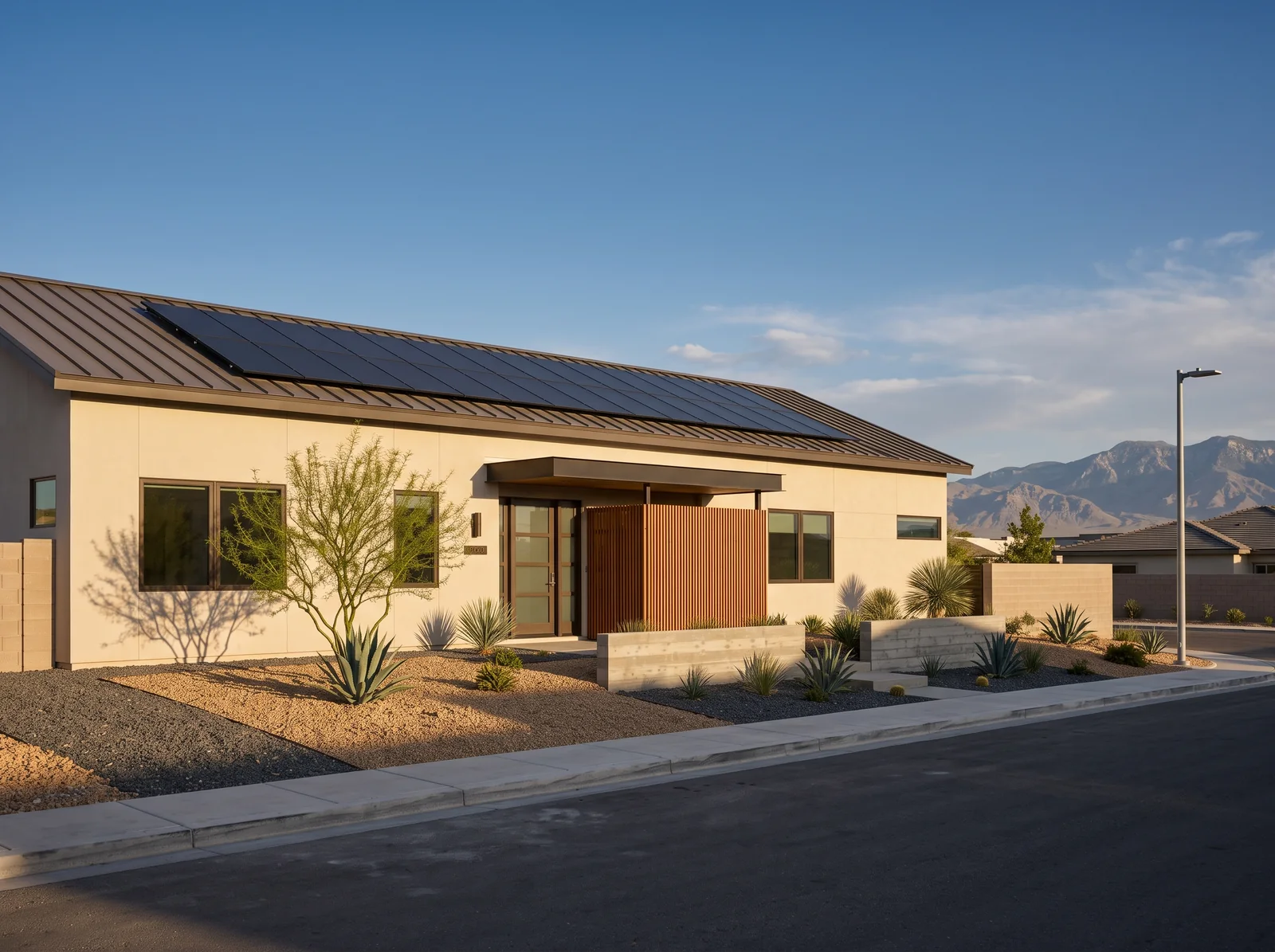 A contemporary Las Vegas home in late afternoon light, a neat array of black solar panels flush on the roof, desert gravel landscaping and the Spring Mountains behind