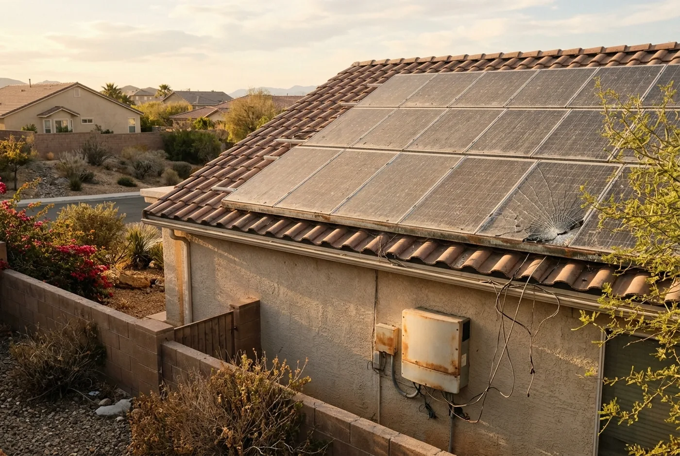 A neglected Las Vegas rooftop array with a cracked panel and a rusted inverter on the wall below